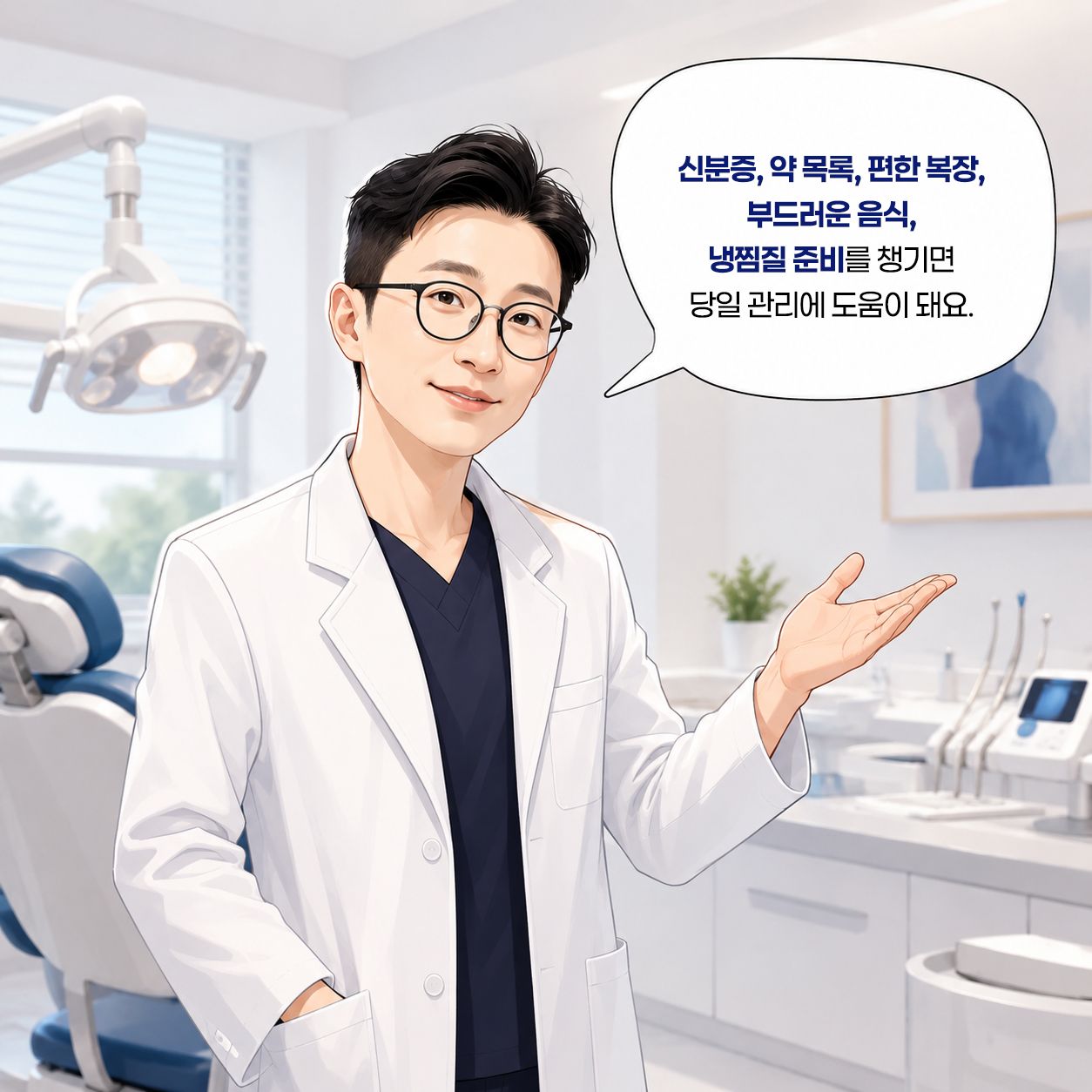 치과의사가 안내하는 모습 — 신분증, 약 목록, 편한 복장, 부드러운 음식, 냉찜질 준비를 챙기면 당일 관리에 도움이 돼요