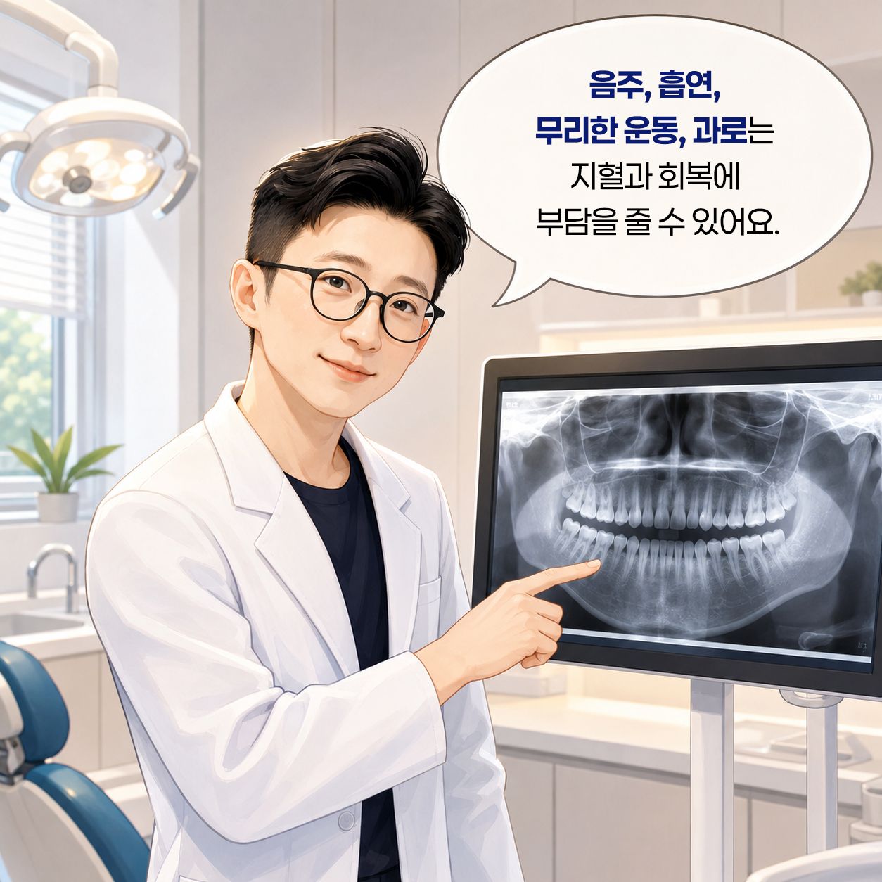 치과의사가 파노라마 엑스레이를 가리키며 설명 — 음주, 흡연, 무리한 운동, 과로는 지혈과 회복에 부담을 줄 수 있어요